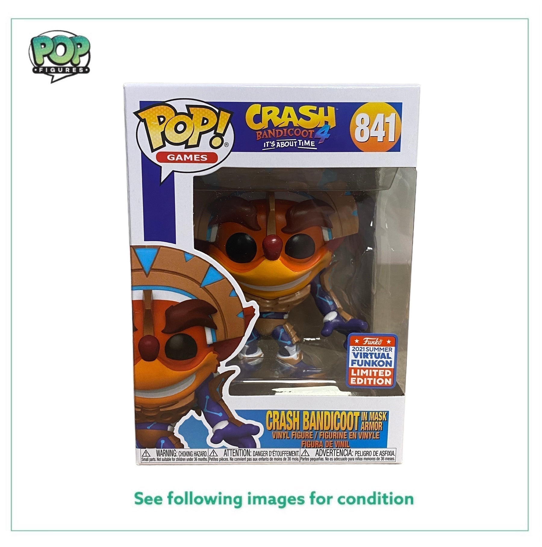 Crash Bandicoot In Mask Armor #841 Funko Pop! - Crash Bandicoot 4 - Virtual Funkon 2021 Official Convention Exclusive -